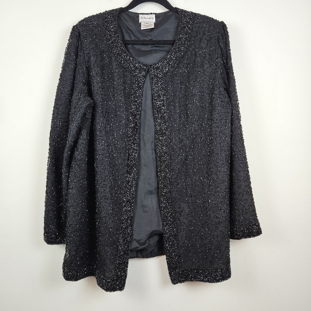 90s Vintage Sténay black beaded 100% Silk blazer Jacket XL Wedding Church Formal